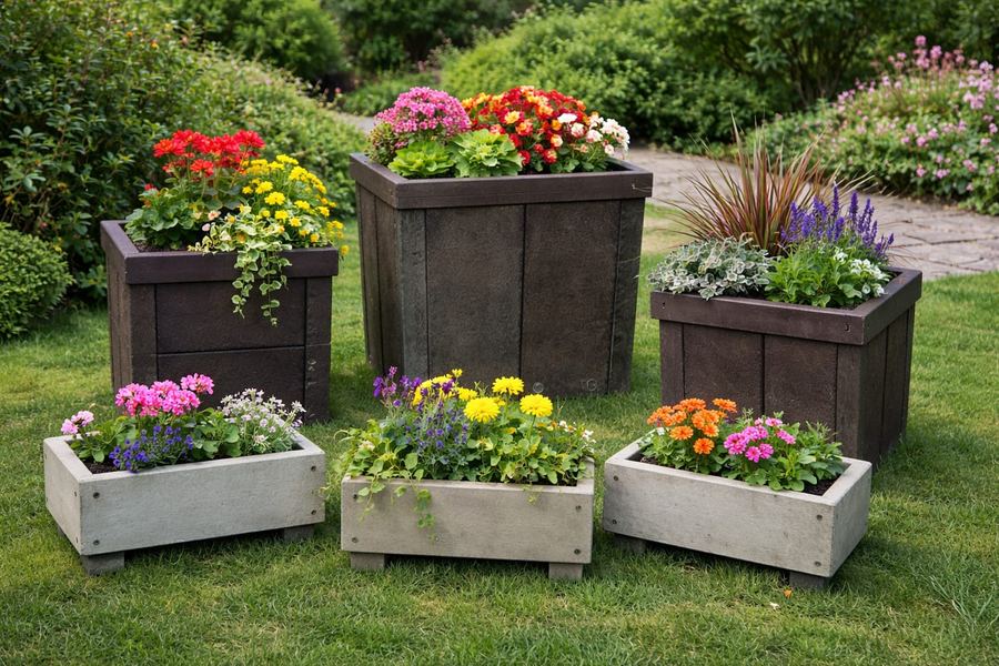 Macetas de madera plástica con flores