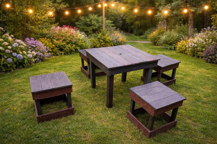 Mesa y banquitos de madera plástica en un jardín